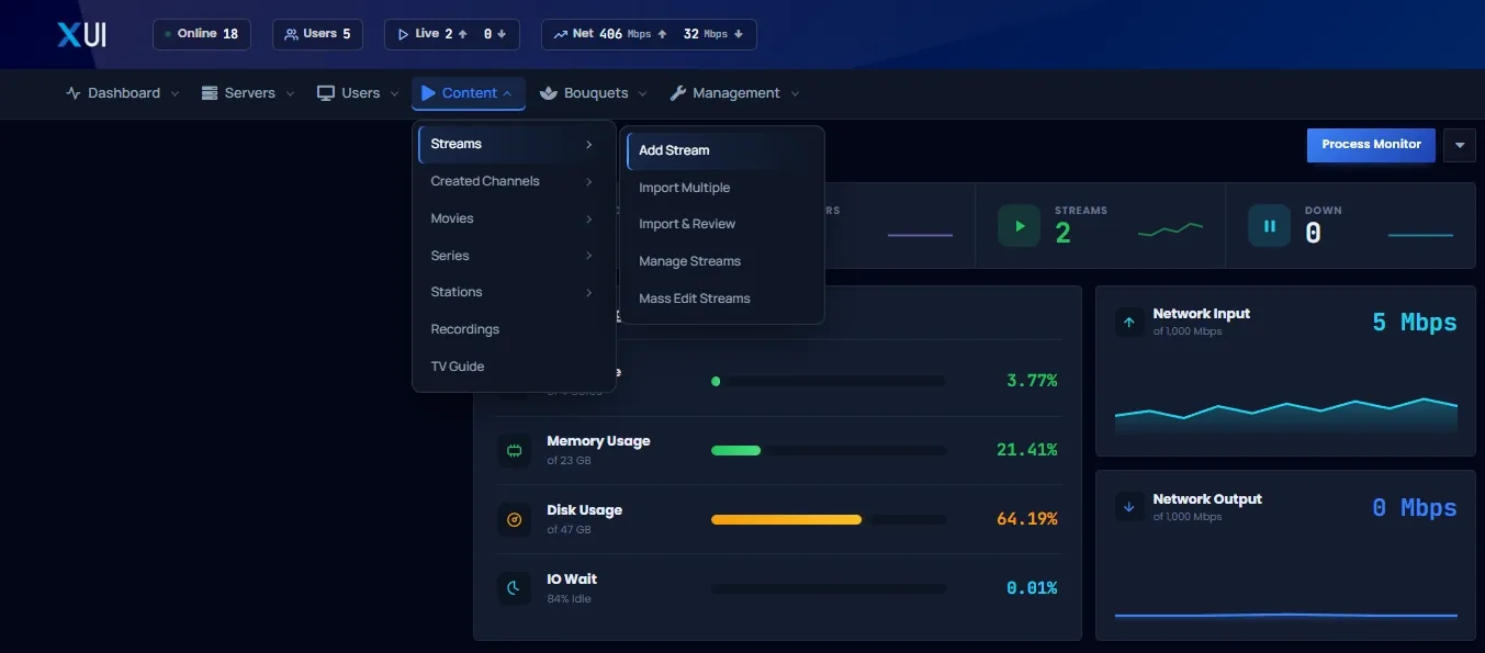 XUI.live content menu for managing live streams, movies, series, radio stations and recordings in one IPTV catalogue