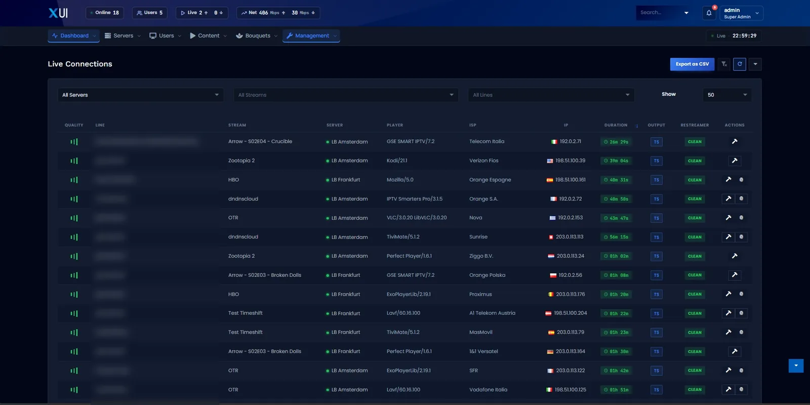 XUI.live live connections table showing each viewer's stream, edge server, player, ISP, country and session duration in real time