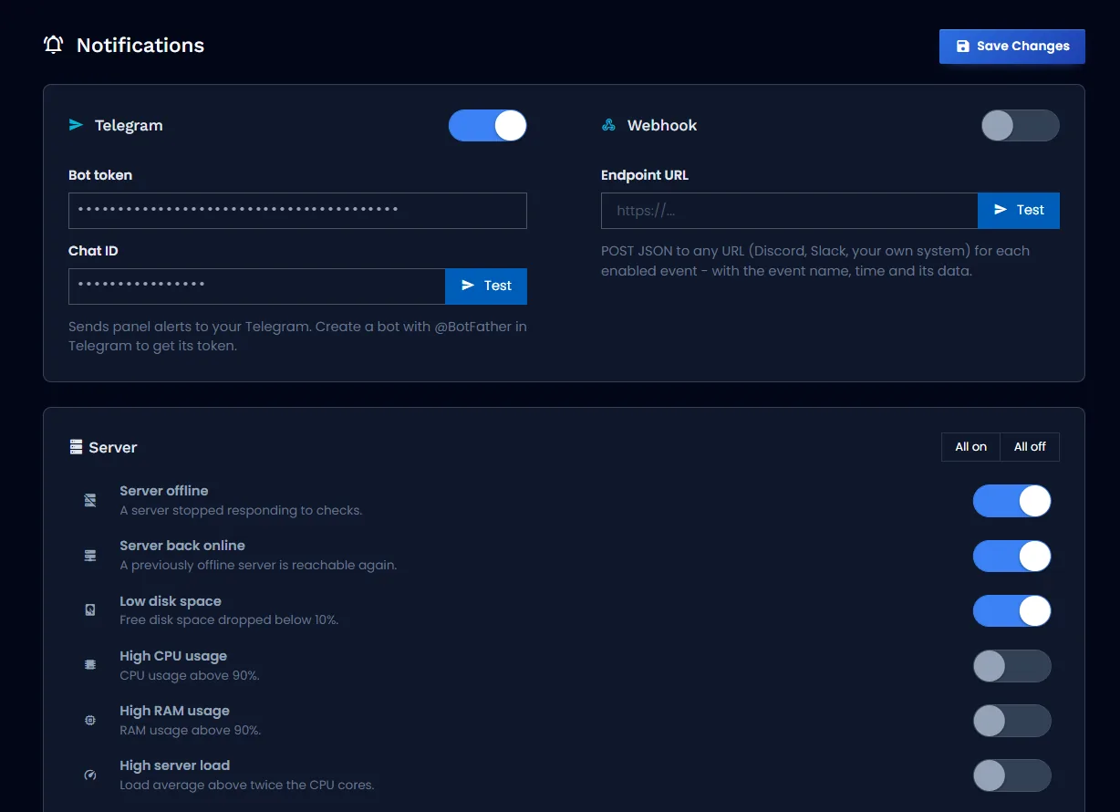 XUI.live notifications settings with Telegram and webhook delivery and per-event toggles