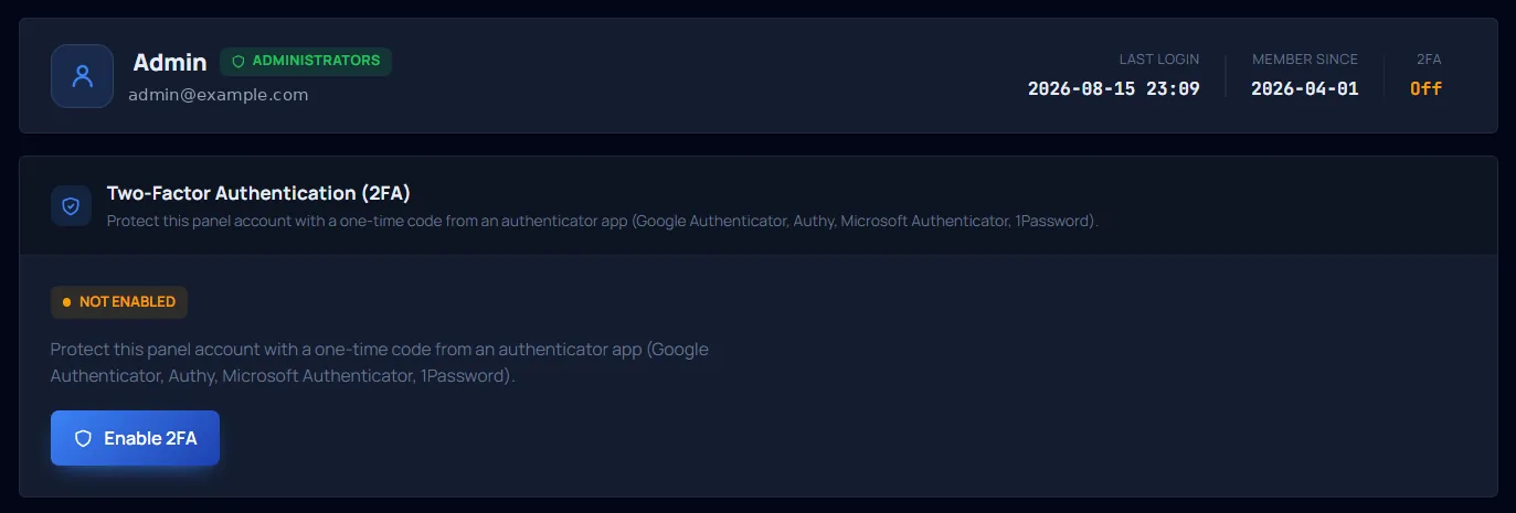 XUI.live two-factor authentication (2FA) setup for a panel administrator account